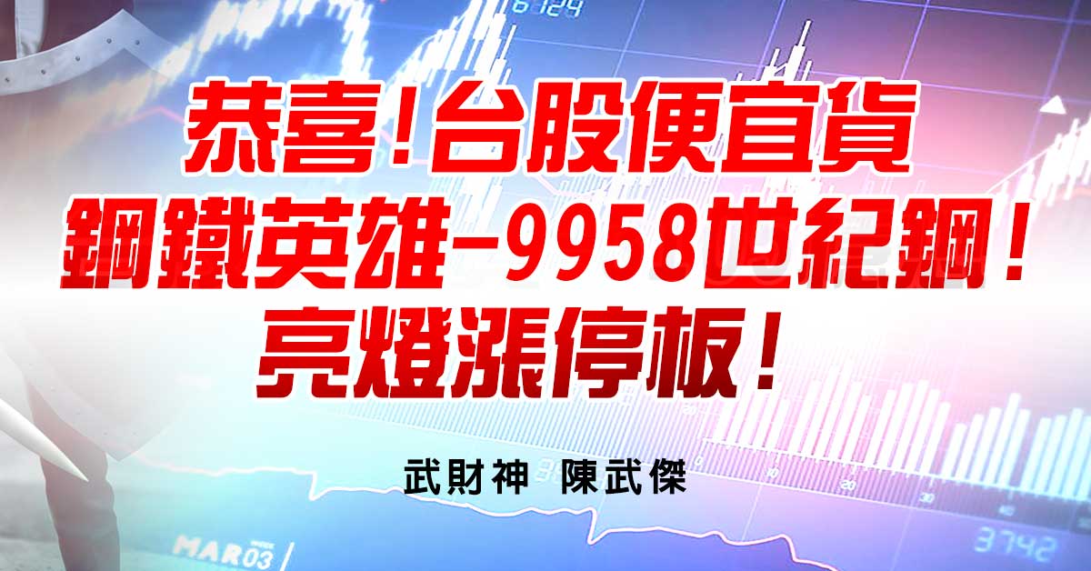 恭喜!台股便宜貨-鋼鐵英雄-9958世紀鋼!亮燈漲停板!