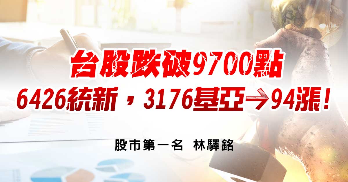 台股跌破9700點，6426統新，3176基亞→94漲!