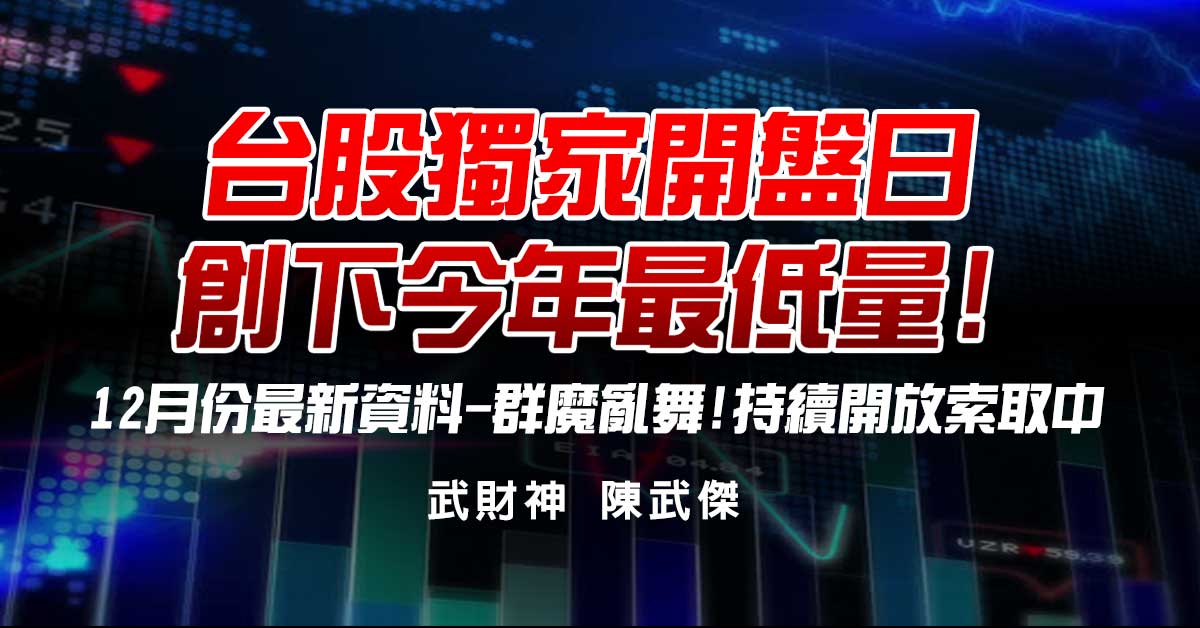 台股獨家開盤日創下今年最低量!12月份最新資料-群魔亂舞!持續開放索取中...