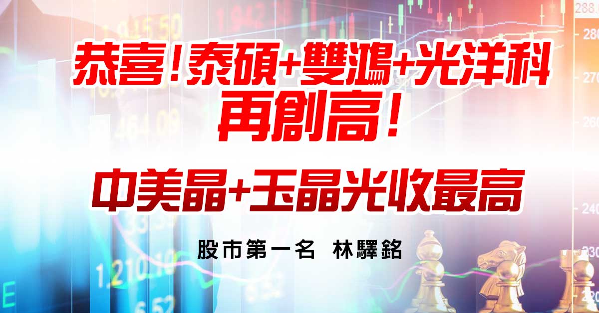 恭喜!泰碩+雙鴻+光洋科→再創高!中美晶+玉晶光收最高!