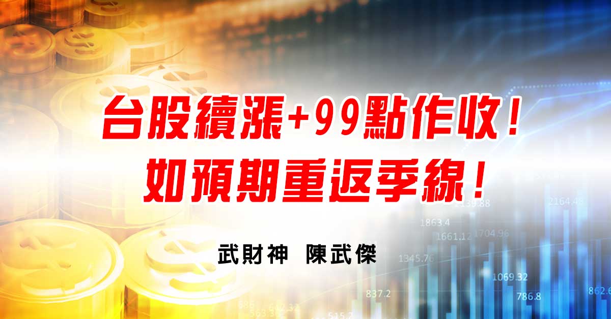 武傑電台:台股續漲+99點作收!如預期重返季線! (圖)