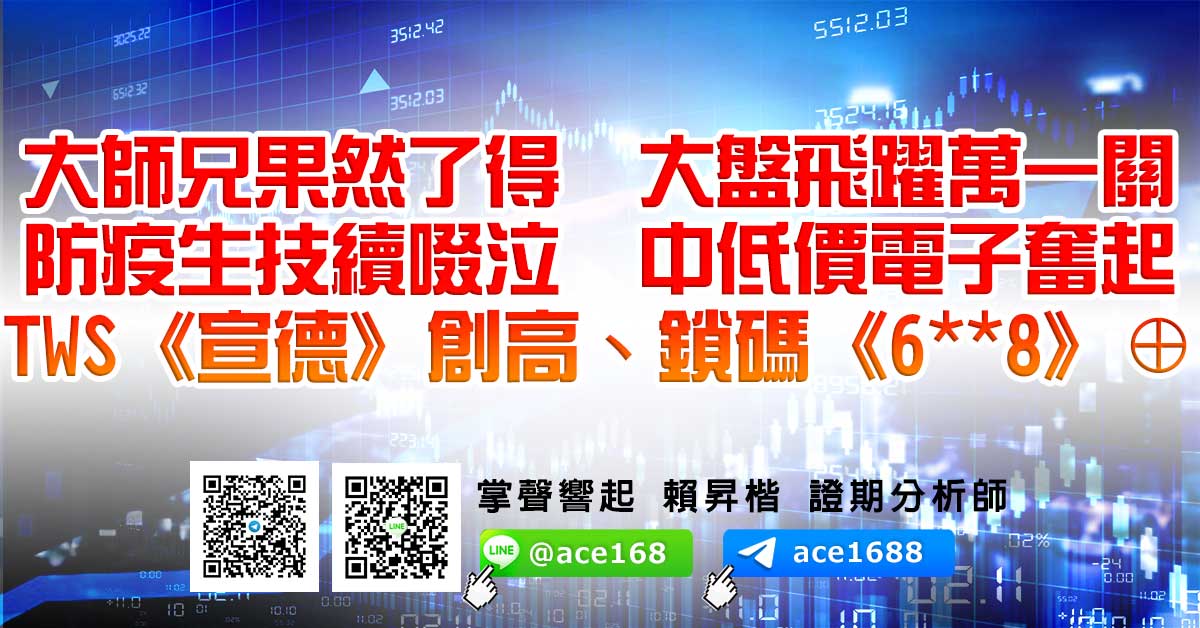 大師兄果然了得 大盤飛躍萬一關 防疫生技續啜泣 中低價電子奮起 TWS《宣德》創高、鎖碼《6**8》⊕ (圖)
