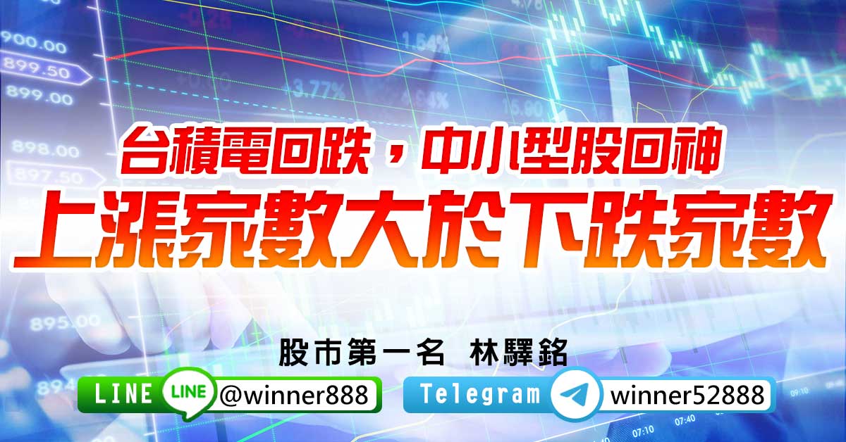 台積電回跌，中小型股回神，上漲家數大於下跌家數