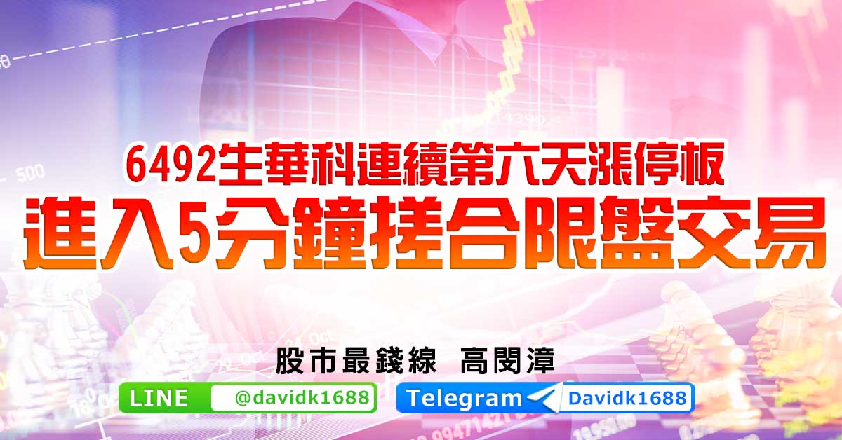 6492生華科連續第六天漲停板，進入5分鐘搓合限盤交易