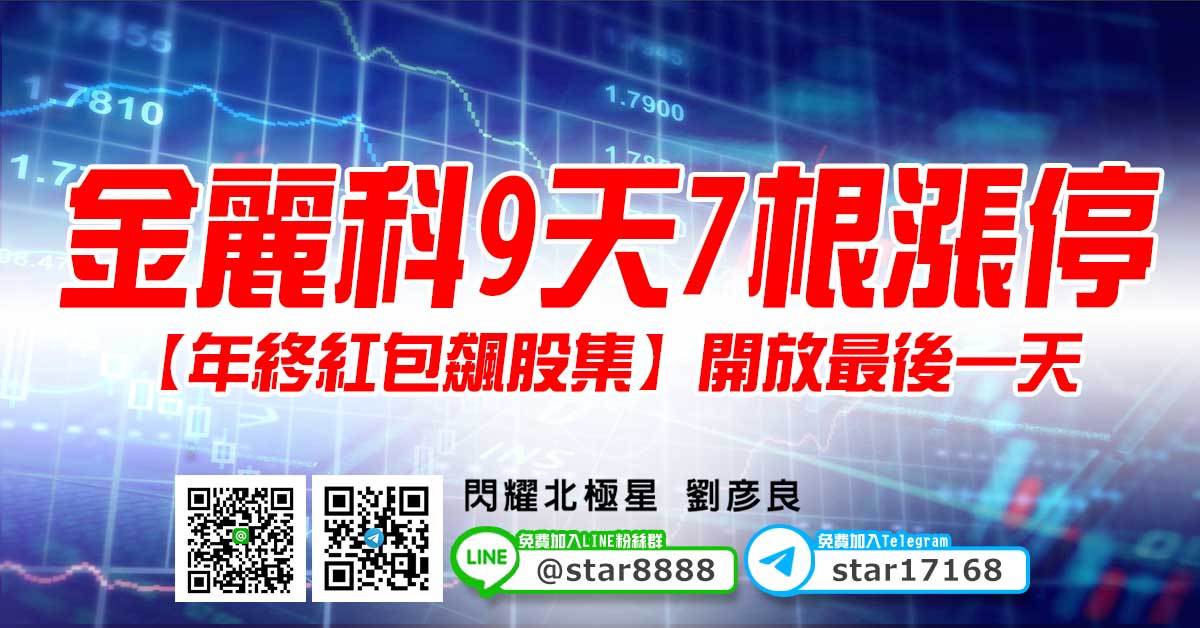 金麗科9天7根漲停，【年終紅包飆股集】開放最後一天