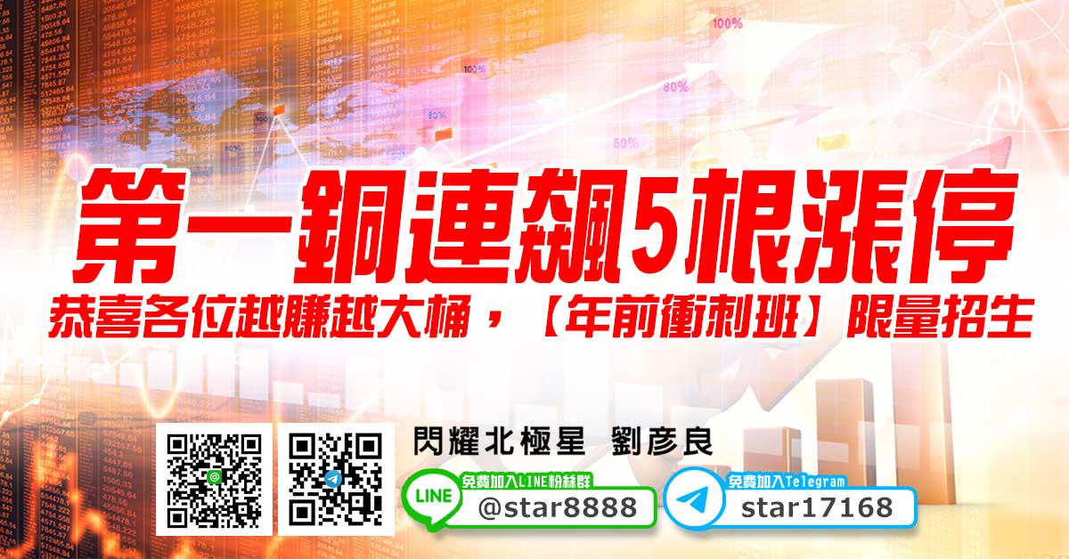第一銅連飆5根漲停，恭喜各位越賺越大桶，【年前衝刺班】限量招生