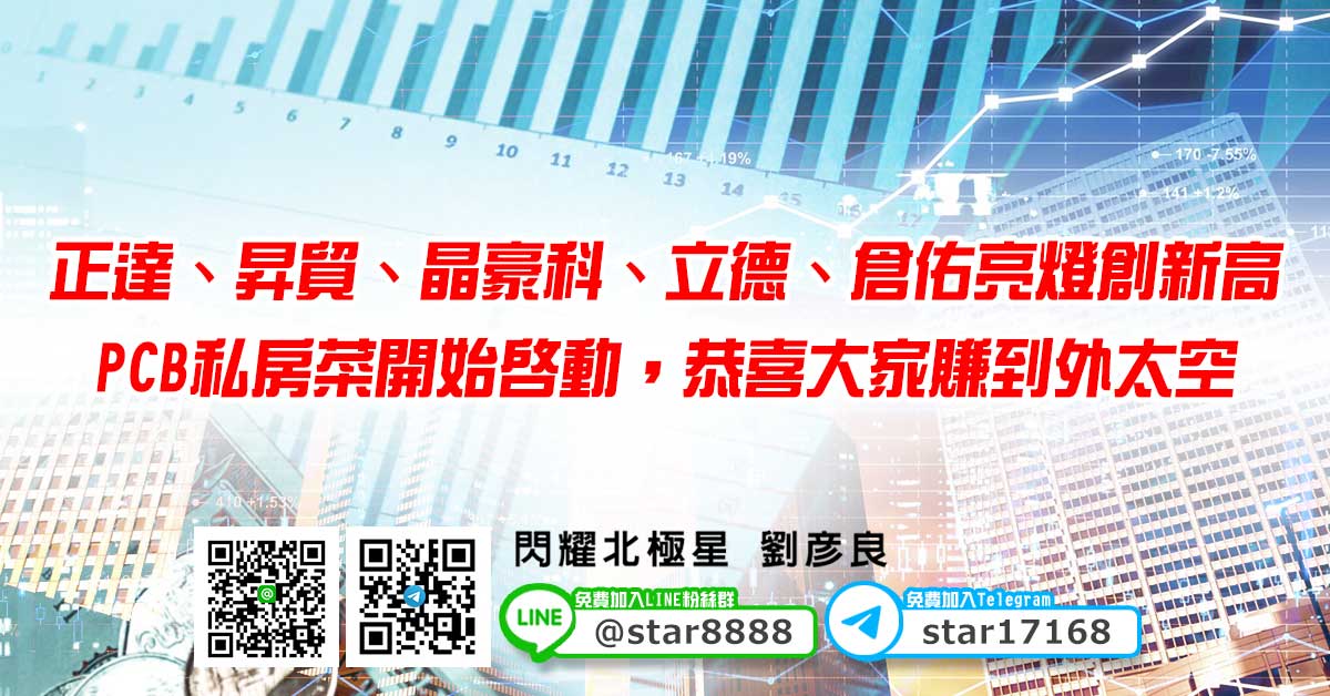 正達、昇貿、晶豪科、立德、倉佑亮燈創新高，PCB私房菜開始啟動，恭喜大家賺到外太空