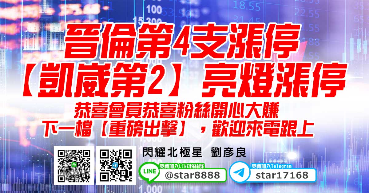 晉倫第4支漲停，【凱崴第2】亮燈漲停，恭喜會員恭喜粉絲開心大賺，下一檔【重磅出擊】，歡迎來電跟上