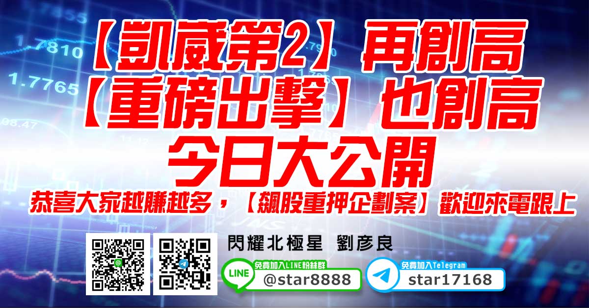【凱崴第2】再創高，【重磅出擊】也創高，今日大公開，恭喜大家越賺越多，【飆股重押企劃案】歡迎來電跟上