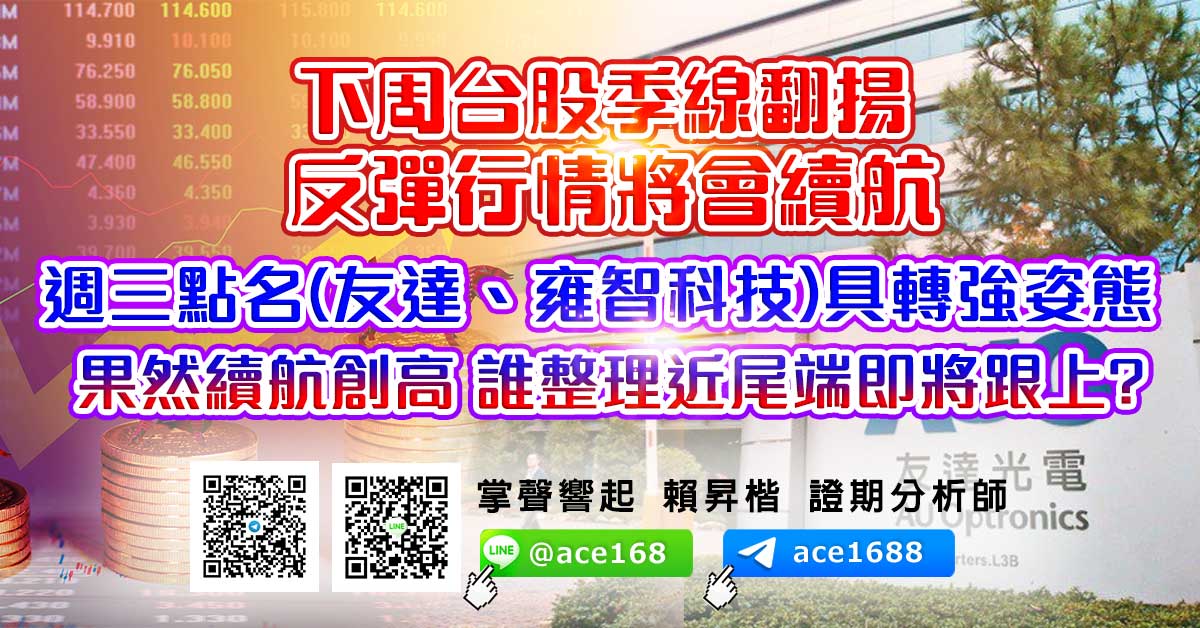 下周台股季線翻揚 反彈行情將會續航 週三點名(友達、雍智科技)具轉強姿態 果然續航創高 誰整理近尾端即將跟上? (圖)