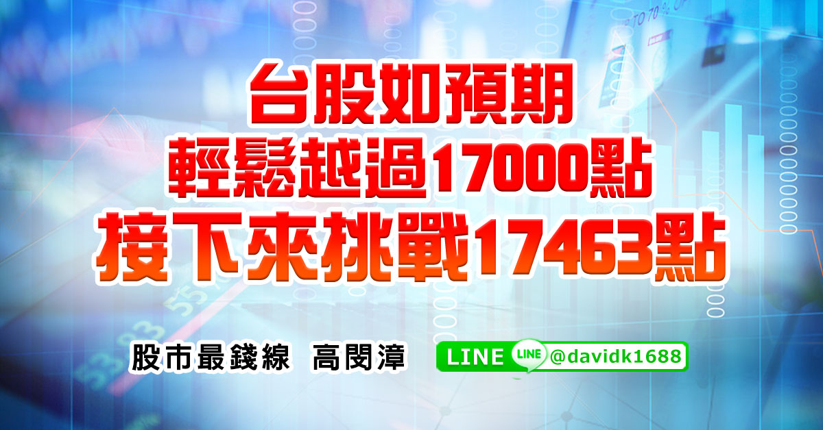 台股如預期輕鬆越過17000點，接下來挑戰17463點