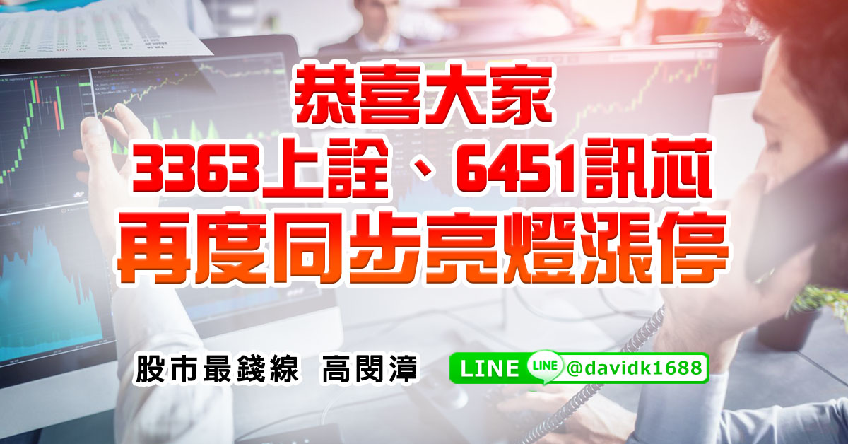 恭喜大家，3363上詮、6451訊芯，再度同步亮燈漲停