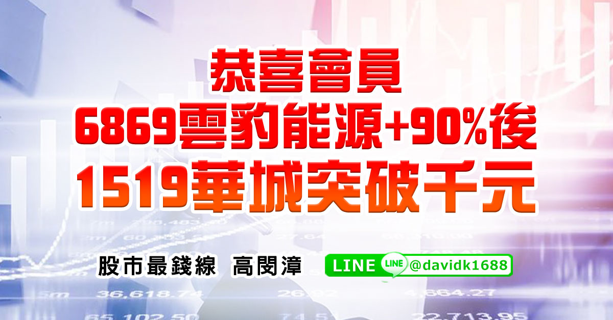 恭喜會員6869雲豹能源+90%後，1519華城突破千元