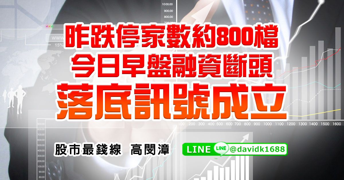昨跌停家數約800檔，今日早盤融資斷頭，落底訊號成立