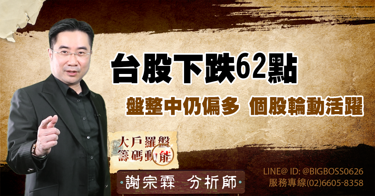 台股下跌62點，盤整中仍偏多，個股輪動活躍 (圖)