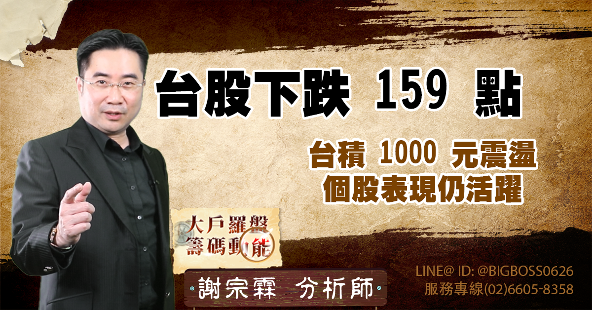 台股下跌 159 點,台積 1000 元震盪,個股表現仍活躍 (圖)
