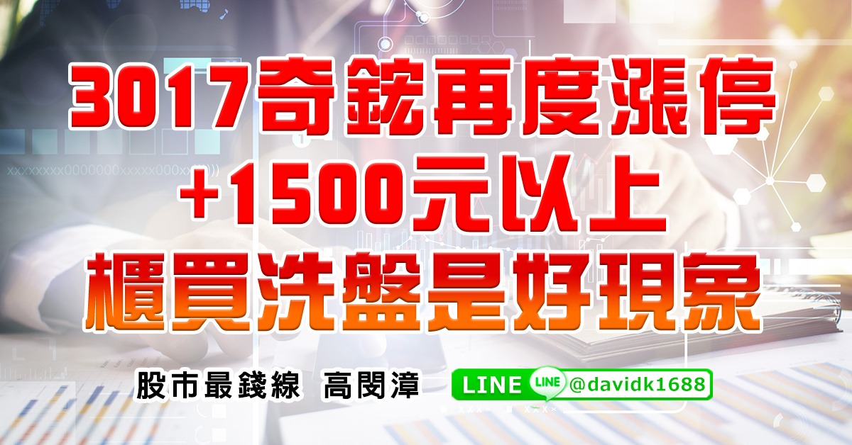 3017奇鋐再度漲停+1500元以上，櫃買洗盤是好現象