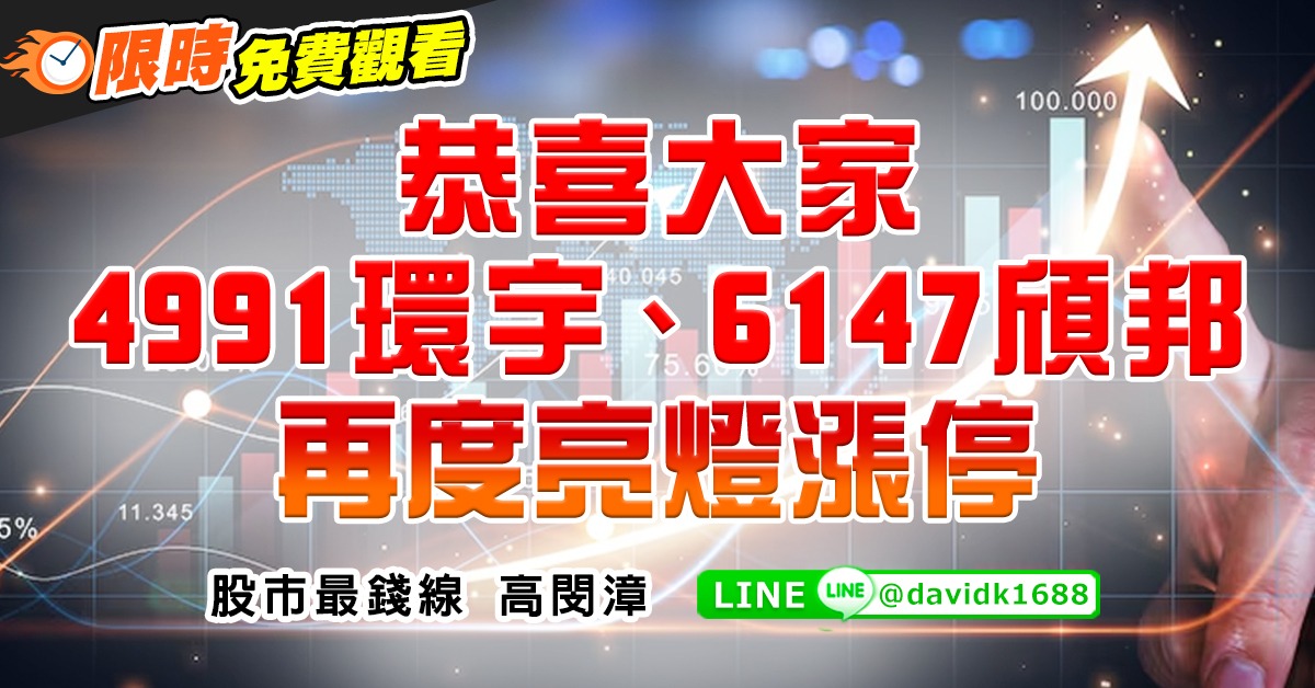 恭喜大家4991環宇、6147頎邦，再度亮燈漲停 (圖)