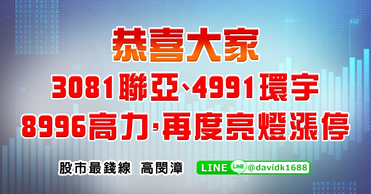 恭喜大家3081聯亞、4991環宇、8996高力，再度亮燈漲停