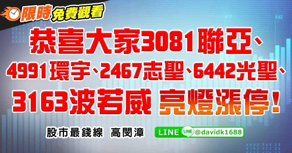 恭喜大家3081聯亞、4991環宇、2467志聖、6442光聖、3163波若威，亮燈漲停！