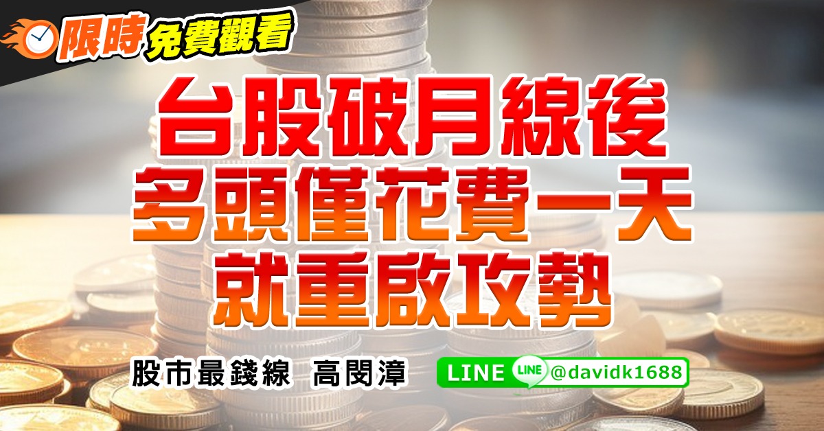 台股破月線後，多頭僅花費一天就重啟攻勢