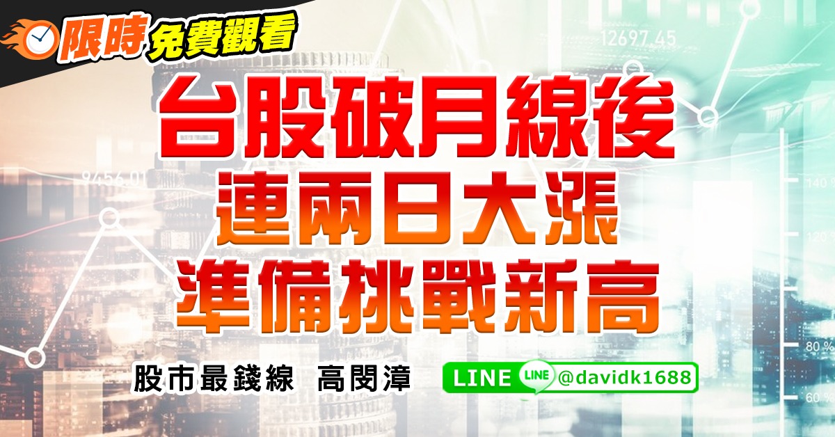 台股破月線後，連兩日大漲準備挑戰新高